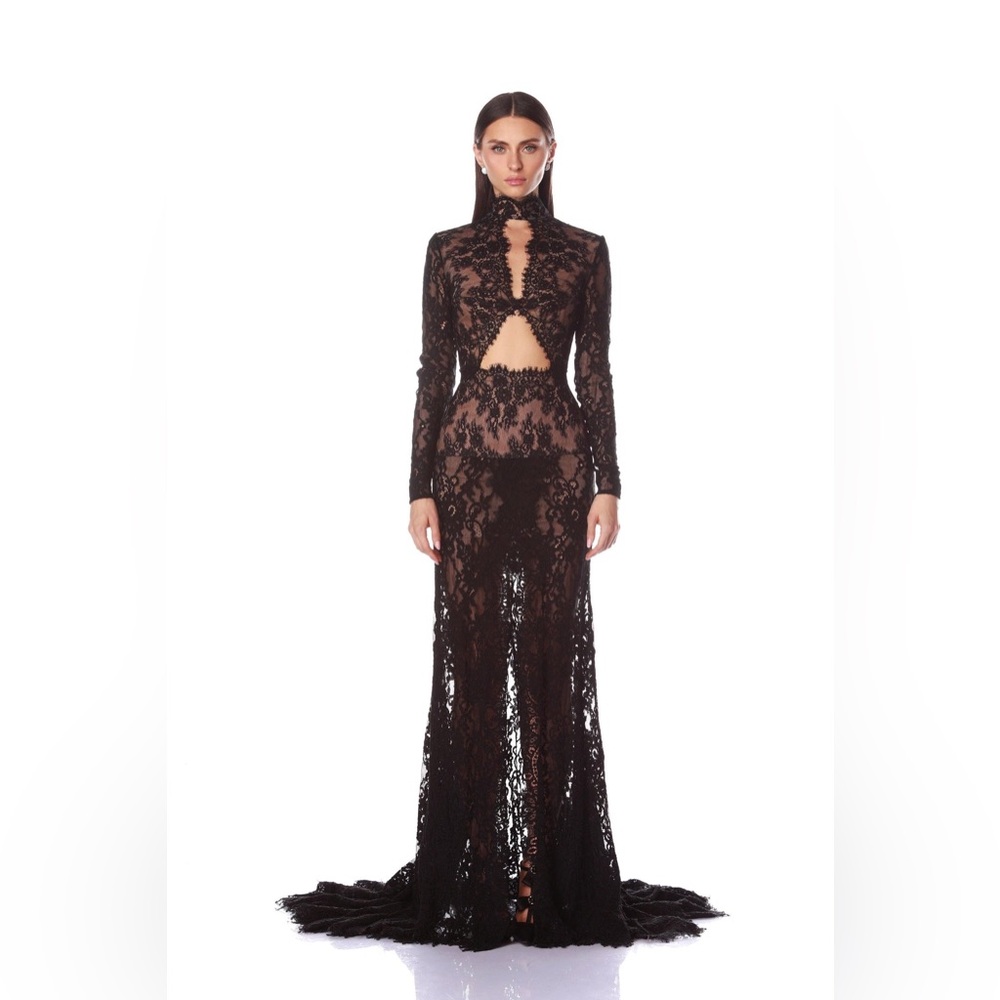 NWOT BRONX AND BANCO Eleanor Sheer Long Sleeve High Slit Lace Gown in Black